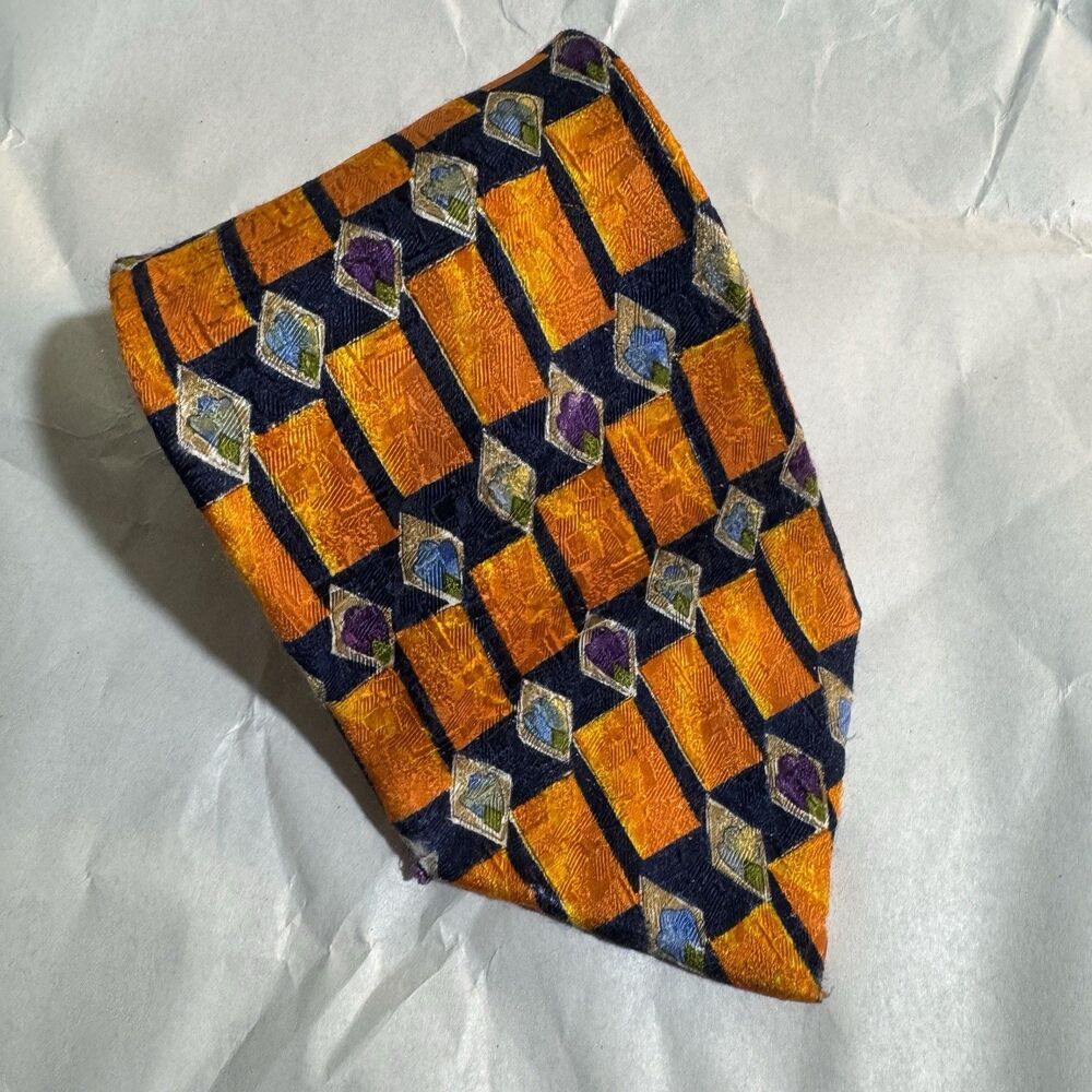 Ermenegildo Zegna Orange Geometric 100% Silk Tie Made in Italy 58"x3.75"